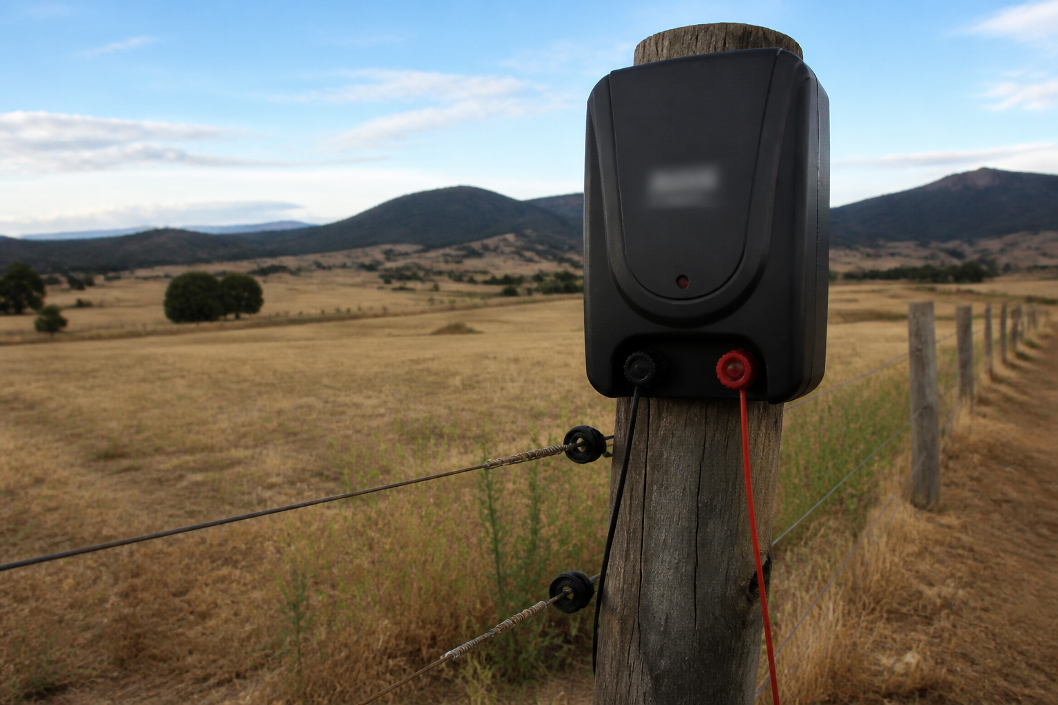 Electrificador Lacmé montado en un poste de una finca