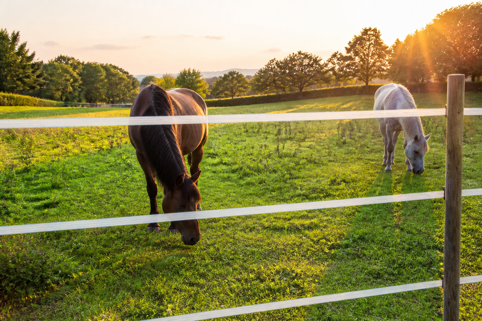 Caballos pastando tras una cerca eléctrica de cinta blanca